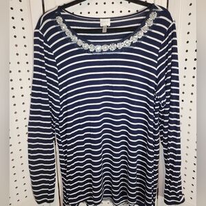 Cupio XL Navy blue White Long-sleeved Top Jeweled Neckline